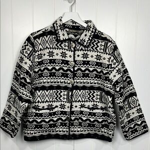 Jane Ashley Womens Jacket L Black/Cream Button Up Pockets Aztec Print Retro Boho